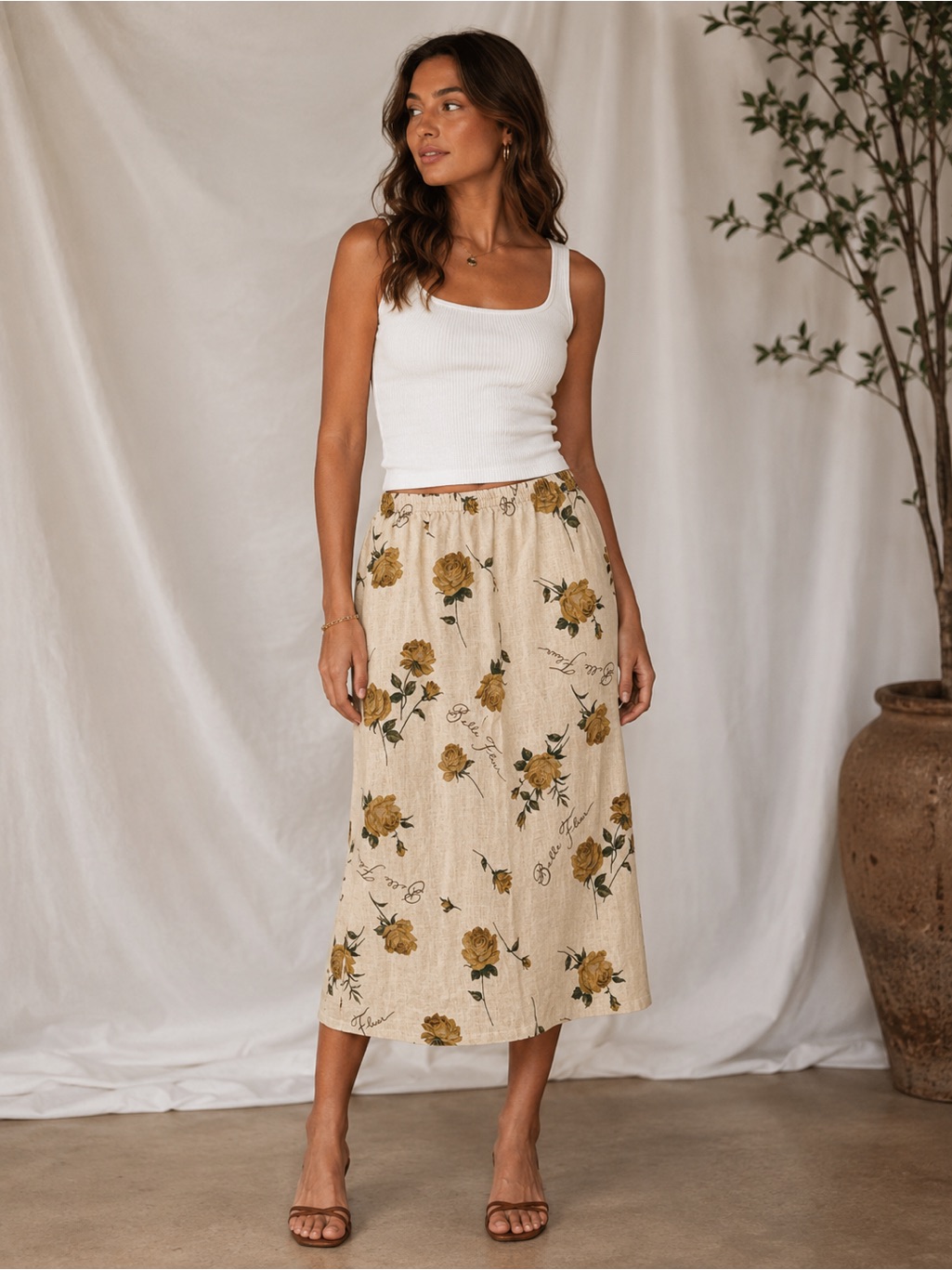 Vintage Cottagecore Beige Linen Floral Print Midi Skirt Size M
